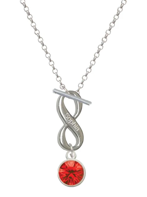 10mm Red Crystal Drop - Custom Engraved Infinity Toggle Necklace: Personalized Jewelry Gift - Names, Initials, Dates, Bible Verses