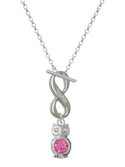 Silver Plated 3-D Hot Pink & AB Crystal Owl - Custom Engraved Infinity Toggle Necklace: Personalized Jewelry Gift - Names, Initials, Dates, Bible Verses