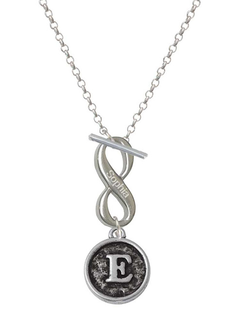 Silver Plated Antiqued Round Seal - Initial - E - Custom Engraved Infinity Toggle Necklace: Personalized Jewelry Gift - Names, Initials, Dates, Bible Verses