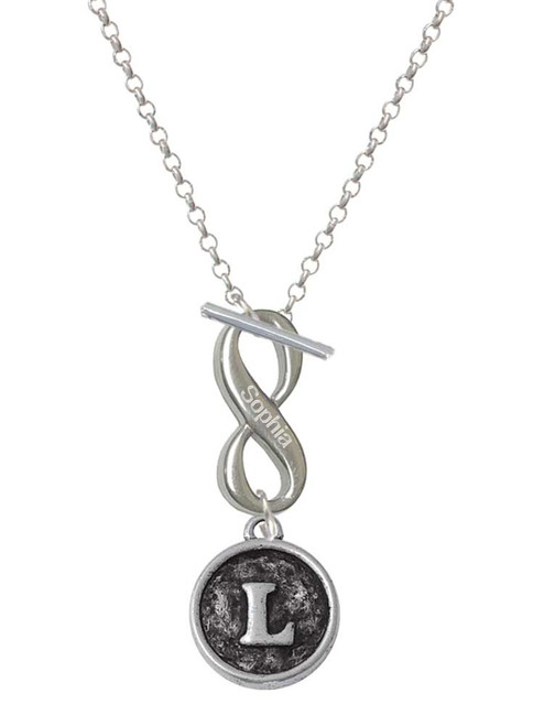 Silver Plated Antiqued Round Seal - Initial - L - Custom Engraved Infinity Toggle Necklace: Personalized Jewelry Gift - Names, Initials, Dates, Bible Verses