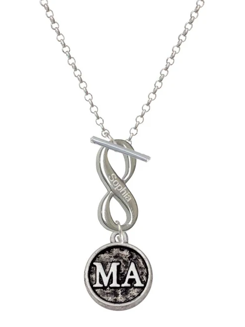 Silver Plated Medical Assistant Caduceus Seal - MA - Custom Engraved Infinity Toggle Necklace: Personalized Jewelry Gift - Names, Initials, Dates, Bible Verses