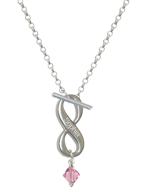 Pink Crystal Bicone - Custom Engraved Infinity Toggle Necklace: Personalized Jewelry Gift - Names, Initials, Dates, Bible Verses