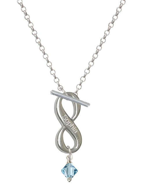 March - Hot Blue Crystal Bicone - Custom Engraved Infinity Toggle Necklace: Personalized Jewelry Gift - Names, Initials, Dates, Bible Verses