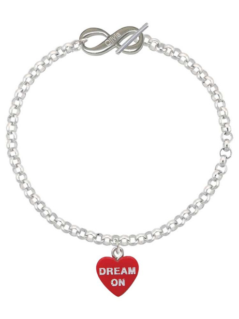 Acrylic Red "Dream On / Bite Me" Heart - Custom Engraved Infinity Toggle Bracelet: Personalized Jewelry Gift - Names, Initials, Dates, Bible Verses