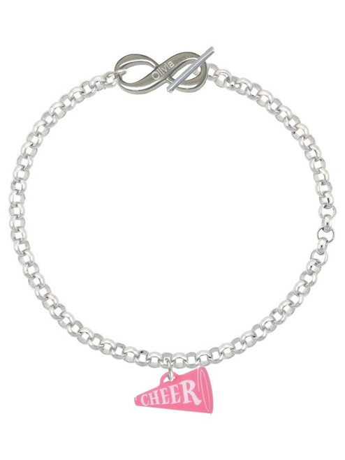 Acrylic Pink Cheer Megaphone - Custom Engraved Infinity Toggle Bracelet: Personalized Jewelry Gift - Names, Initials, Dates, Bible Verses