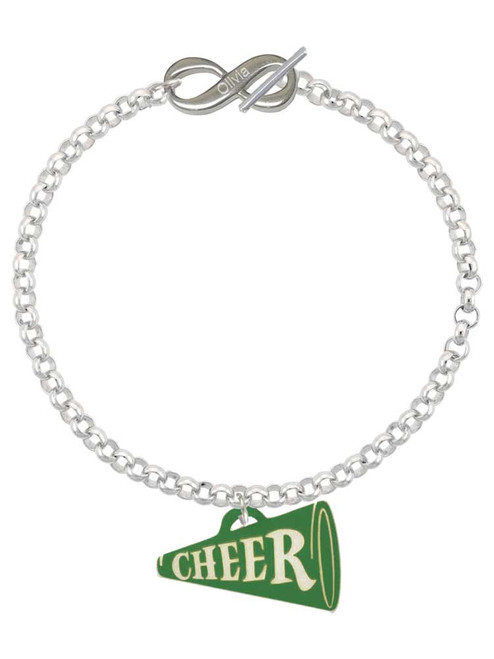Acrylic Large Green Cheer Megaphone - Custom Engraved Infinity Toggle Bracelet: Personalized Jewelry Gift - Names, Initials, Dates, Bible Verses