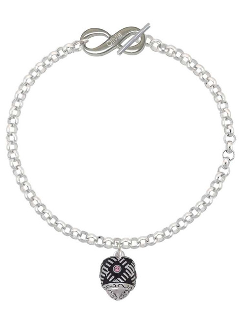 Silver Plated Diagonal Banded Barrel with Pink Crystals Spinner - Custom Engraved Infinity Toggle Bracelet: Personalized Jewelry Gift - Names, Initials, Dates, Bible Verses