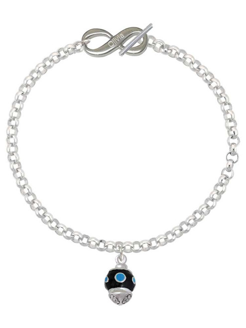 Silver Plated Hot Blue Dots on Black Spinner - Custom Engraved Infinity Toggle Bracelet: Personalized Jewelry Gift - Names, Initials, Dates, Bible Verses