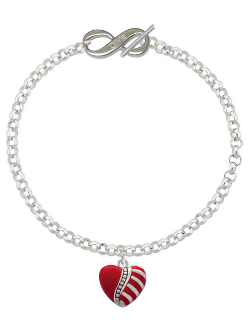Silver Plated Striped Red Enamel Heart with Beaded Decoration - Custom Engraved Infinity Toggle Bracelet: Personalized Jewelry Gift - Names, Initials, Dates, Bible Verses