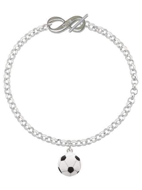 Silver Plated Large Enamel Soccer ball - Custom Engraved Infinity Toggle Bracelet: Personalized Jewelry Gift - Names, Initials, Dates, Bible Verses