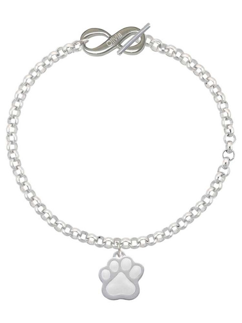 Silver Plated Large White Paw - Custom Engraved Infinity Toggle Bracelet: Personalized Jewelry Gift - Names, Initials, Dates, Bible Verses