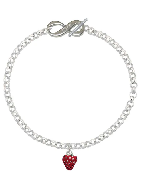 Silver Plated Mini Red Enamel Strawberry - Custom Engraved Infinity Toggle Bracelet: Personalized Jewelry Gift - Names, Initials, Dates, Bible Verses