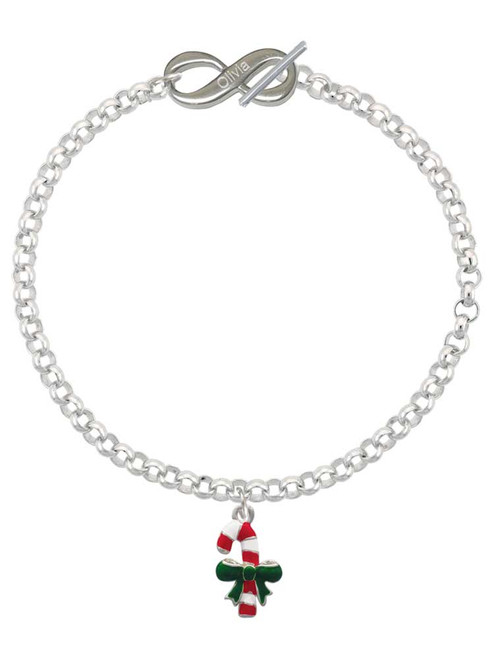 Silver Plated Candy Cane with Green Bow - Custom Engraved Infinity Toggle Bracelet: Personalized Jewelry Gift - Names, Initials, Dates, Bible Verses