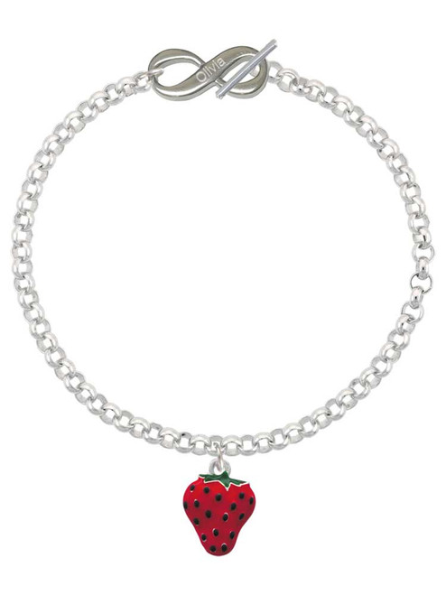 Silver Plated Large Enamel Strawberry - Custom Engraved Infinity Toggle Bracelet: Personalized Jewelry Gift - Names, Initials, Dates, Bible Verses