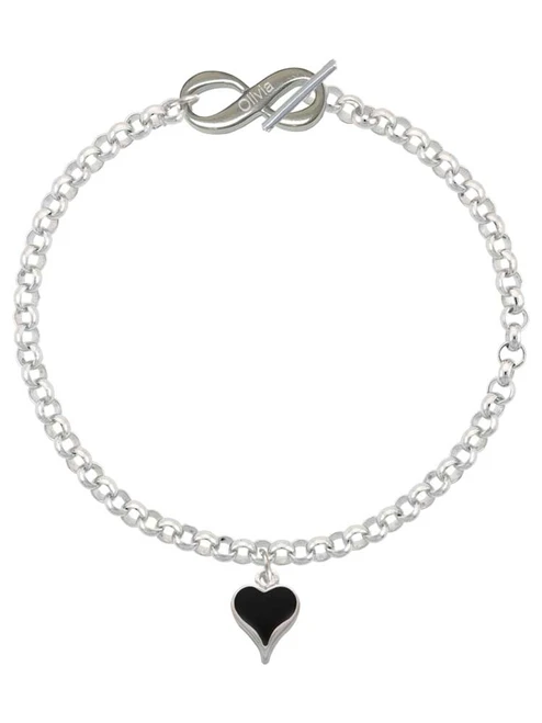 Silver Plated Small Long Black Heart - Custom Engraved Infinity Toggle Bracelet: Personalized Jewelry Gift - Names, Initials, Dates, Bible Verses