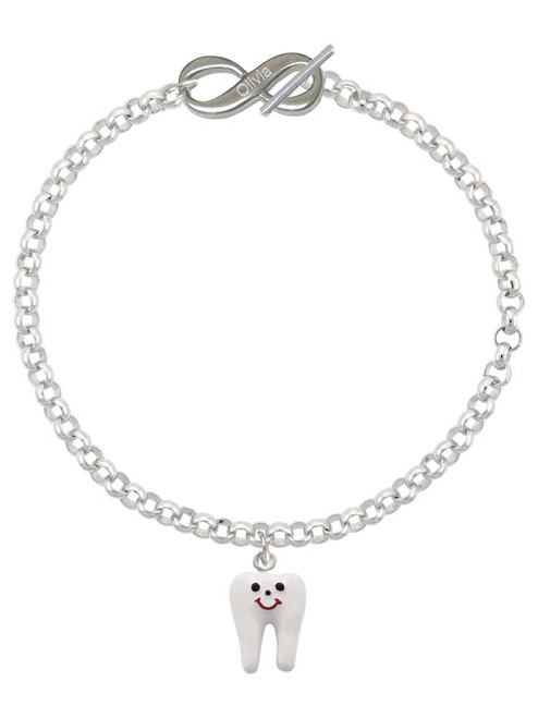 Silver Plated Enamel Smiling Tooth - Custom Engraved Infinity Toggle Bracelet: Personalized Jewelry Gift - Names, Initials, Dates, Bible Verses