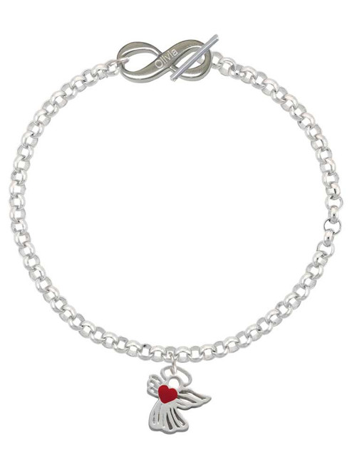Silver Plated Lined Angel with Red Heart - Custom Engraved Infinity Toggle Bracelet: Personalized Jewelry Gift - Names, Initials, Dates, Bible Verses
