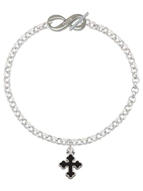 Silver Plated Small Black Enamel Botonee Cross - Custom Engraved Infinity Toggle Bracelet: Personalized Jewelry Gift - Names, Initials, Dates, Bible Verses