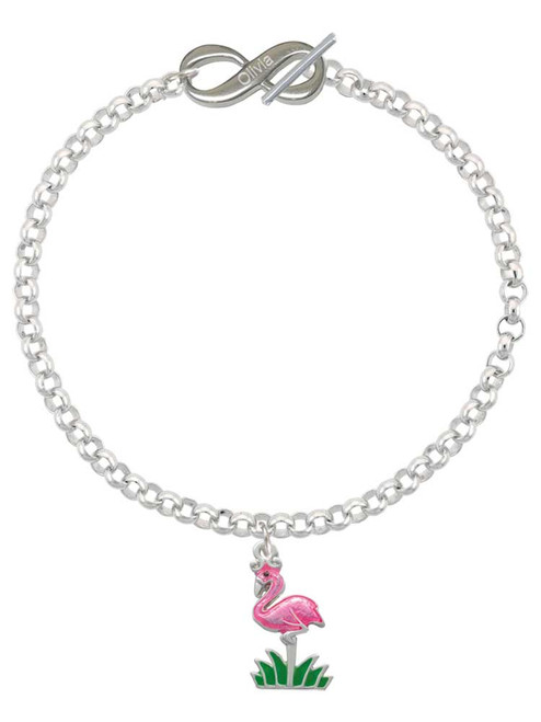 Silver Plated Hot Pink Enamel Flamingo with Grass - Custom Engraved Infinity Toggle Bracelet: Personalized Jewelry Gift - Names, Initials, Dates, Bible Verses