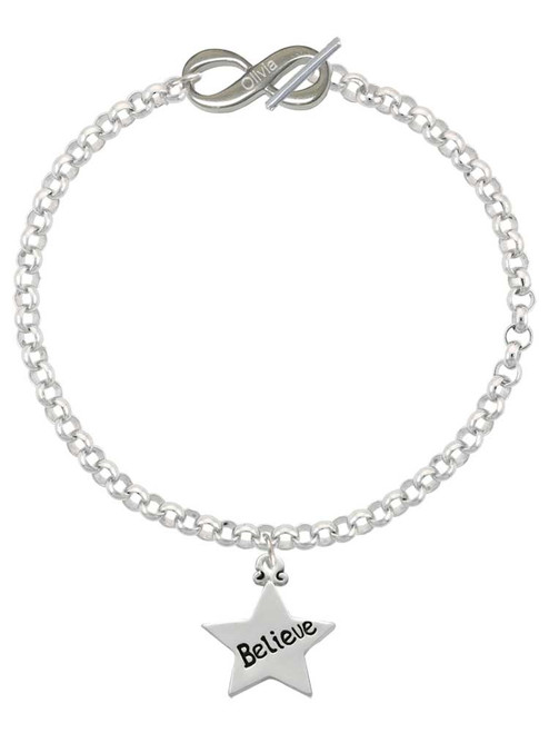 Silver Plated Believe Star - Custom Engraved Infinity Toggle Bracelet: Personalized Jewelry Gift - Names, Initials, Dates, Bible Verses