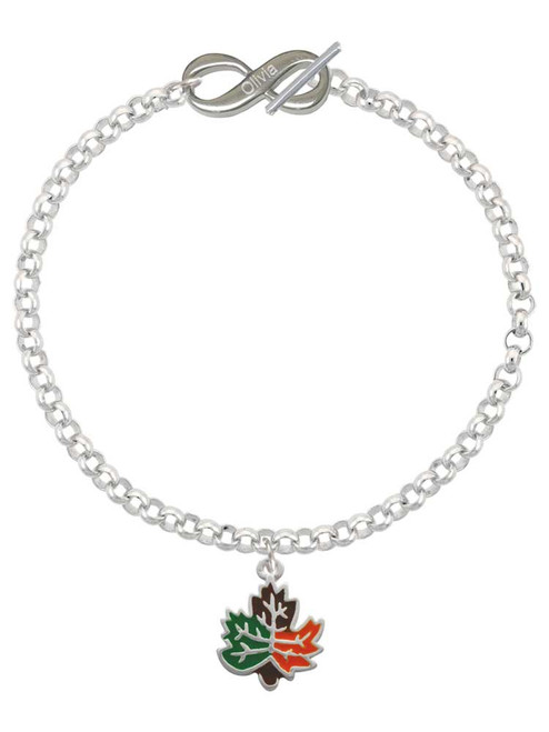Silver Plated Large Enamel Fall Leaf - Custom Engraved Infinity Toggle Bracelet: Personalized Jewelry Gift - Names, Initials, Dates, Bible Verses