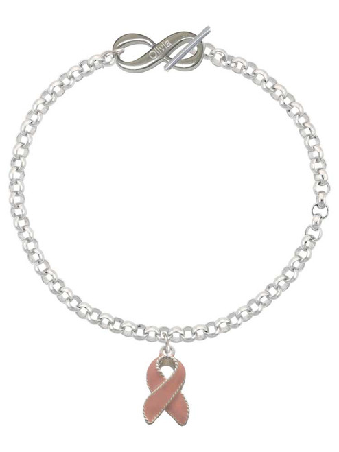 Silver Plated Pink Ribbon with Stitching - Custom Engraved Infinity Toggle Bracelet: Personalized Jewelry Gift - Names, Initials, Dates, Bible Verses
