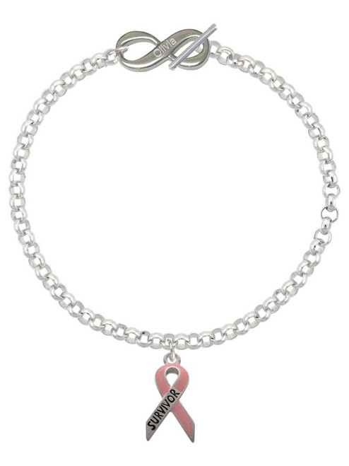 Silver Plated Pink Ribbon ''Survivor'' - Custom Engraved Infinity Toggle Bracelet: Personalized Jewelry Gift - Names, Initials, Dates, Bible Verses