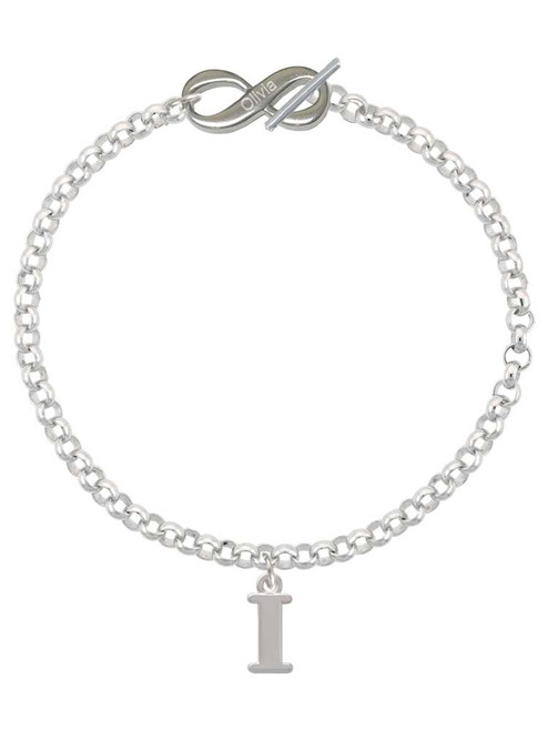Silver Plated Large Initial - I - Custom Engraved Infinity Toggle Bracelet: Personalized Jewelry Gift - Names, Initials, Dates, Bible Verses
