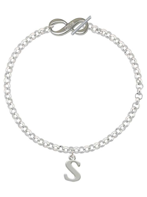 Silver Plated Large Initial - S - Custom Engraved Infinity Toggle Bracelet: Personalized Jewelry Gift - Names, Initials, Dates, Bible Verses