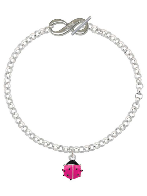 Silver Plated Mini Hot Pink Ladybug - Custom Engraved Infinity Toggle Bracelet: Personalized Jewelry Gift - Names, Initials, Dates, Bible Verses