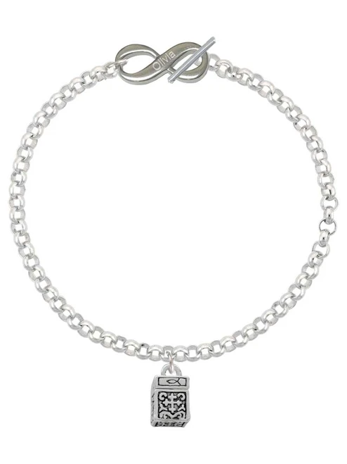 Silver Plated Prayer Box - Custom Engraved Infinity Toggle Bracelet: Personalized Jewelry Gift - Names, Initials, Dates, Bible Verses