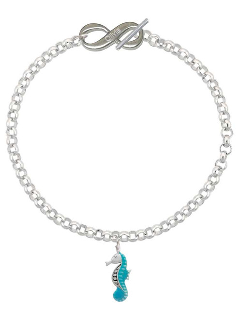 Silver Plated Hot Blue Seahorse - Custom Engraved Infinity Toggle Bracelet: Personalized Jewelry Gift - Names, Initials, Dates, Bible Verses