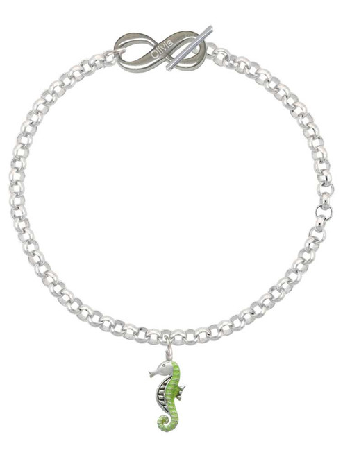 Silver Plated Lime Green Seahorse - Custom Engraved Infinity Toggle Bracelet: Personalized Jewelry Gift - Names, Initials, Dates, Bible Verses
