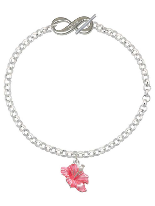 Silver Plated Hot Pink Hibiscus Flower - Custom Engraved Infinity Toggle Bracelet: Personalized Jewelry Gift - Names, Initials, Dates, Bible Verses
