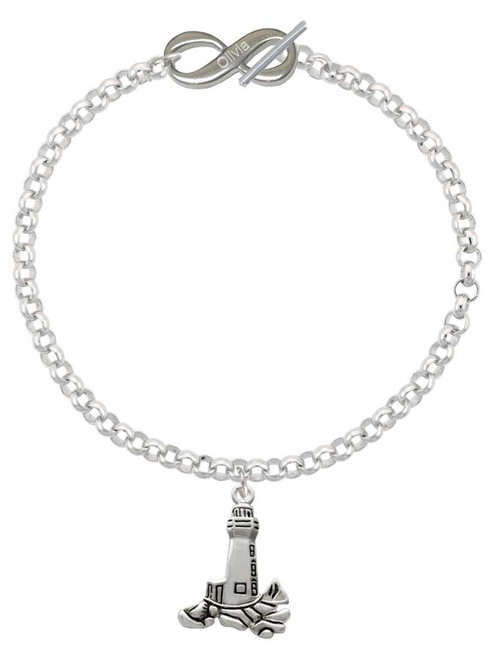 Silver Plated Antiqued Lighthouse - Custom Engraved Infinity Toggle Bracelet: Personalized Jewelry Gift - Names, Initials, Dates, Bible Verses