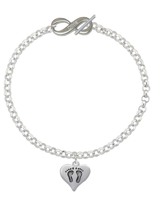 Silver Plated Heart with Baby Feet - Custom Engraved Infinity Toggle Bracelet: Personalized Jewelry Gift - Names, Initials, Dates, Bible Verses