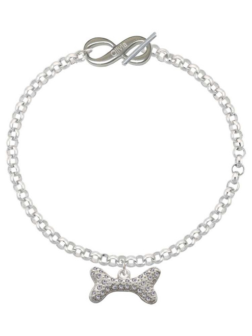 Silver Plated Large Clear Crystal Dog Bone - Custom Engraved Infinity Toggle Bracelet: Personalized Jewelry Gift - Names, Initials, Dates, Bible Verses