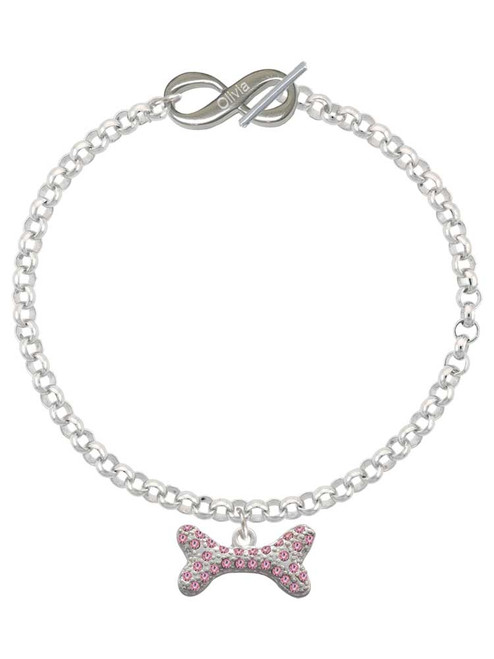 Silver Plated Large Light Pink Crystal Dog Bone - Custom Engraved Infinity Toggle Bracelet: Personalized Jewelry Gift - Names, Initials, Dates, Bible Verses