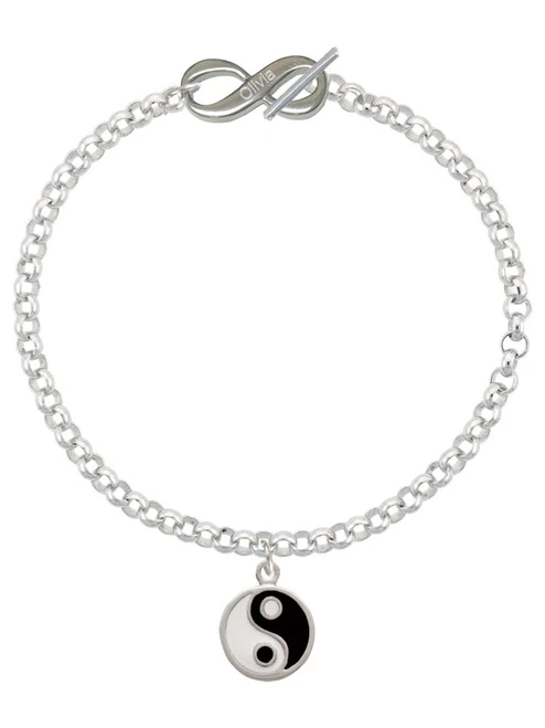 Silver Plated Enamel Yin and Yang - Custom Engraved Infinity Toggle Bracelet: Personalized Jewelry Gift - Names, Initials, Dates, Bible Verses