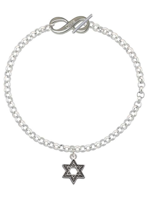 Silver Plated Star of David with Beaded Border - Custom Engraved Infinity Toggle Bracelet: Personalized Jewelry Gift - Names, Initials, Dates, Bible Verses