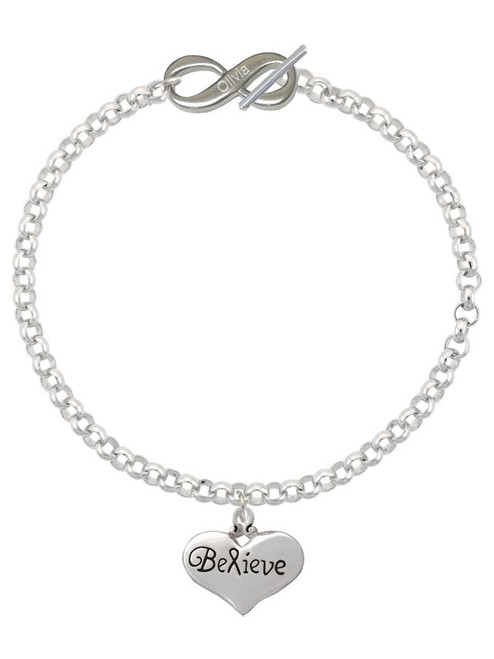 Silver Plated Large Believe with Ribbon Heart - Custom Engraved Infinity Toggle Bracelet: Personalized Jewelry Gift - Names, Initials, Dates, Bible Verses