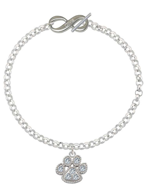 Silver Plated Large Paw with Clear Crystals - Custom Engraved Infinity Toggle Bracelet: Personalized Jewelry Gift - Names, Initials, Dates, Bible Verses