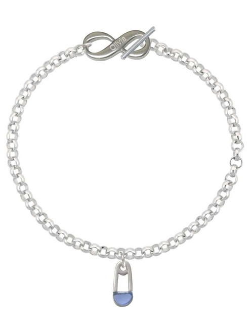 Silver Plated Blue Baby Safety Pin - Custom Engraved Infinity Toggle Bracelet: Personalized Jewelry Gift - Names, Initials, Dates, Bible Verses