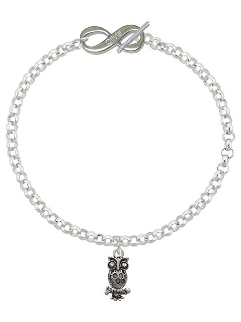 Silver Plated Antiqued Owl with Clear Crystal Eyes - Custom Engraved Infinity Toggle Bracelet: Personalized Jewelry Gift - Names, Initials, Dates, Bible Verses