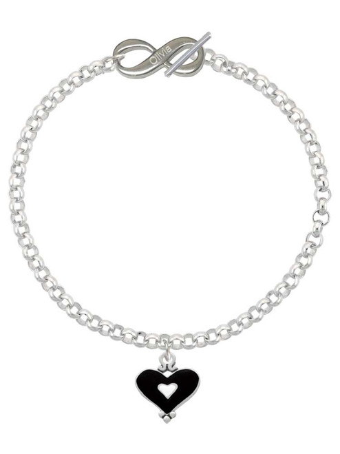 Silver Plated Black and White Enamel Heart - Custom Engraved Infinity Toggle Bracelet: Personalized Jewelry Gift - Names, Initials, Dates, Bible Verses