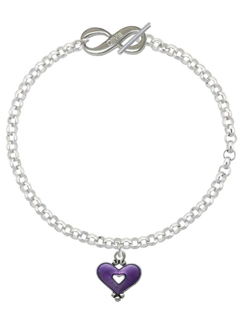 Silver Plated Hot Purple Enamel Heart with Cutout - Custom Engraved Infinity Toggle Bracelet: Personalized Jewelry Gift - Names, Initials, Dates, Bible Verses