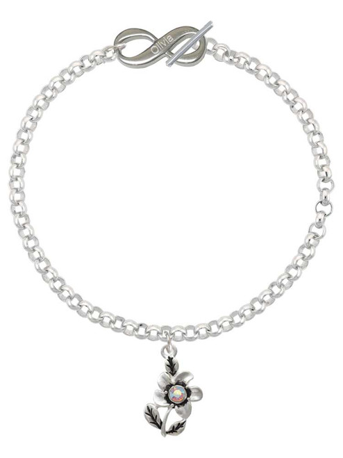 Silver Plated Flower with AB Crystal - Custom Engraved Infinity Toggle Bracelet: Personalized Jewelry Gift - Names, Initials, Dates, Bible Verses