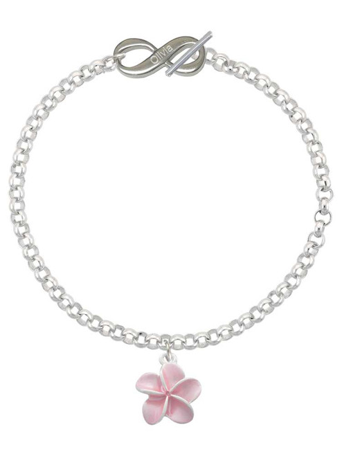 Silver Plated Pink Plumeria Flower - Custom Engraved Infinity Toggle Bracelet: Personalized Jewelry Gift - Names, Initials, Dates, Bible Verses
