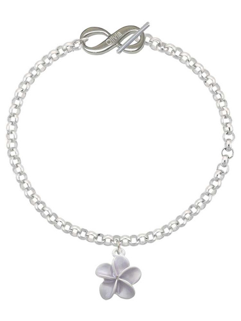 Silver Plated Purple Plumeria Flower - Custom Engraved Infinity Toggle Bracelet: Personalized Jewelry Gift - Names, Initials, Dates, Bible Verses