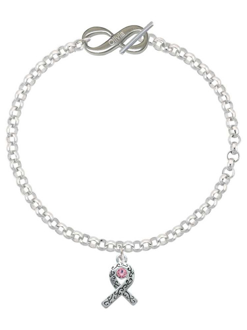 Silver Plated Scroll Ribbon with Pink Crystal - Custom Engraved Infinity Toggle Bracelet: Personalized Jewelry Gift - Names, Initials, Dates, Bible Verses